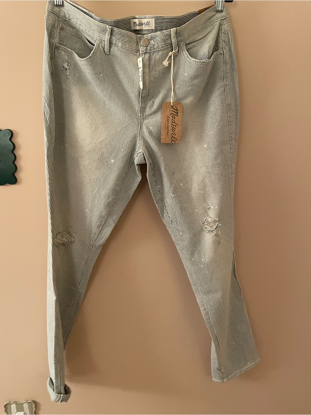 NWT Madewell Light Blue Striped Slim BoyJean with Distressed Detail